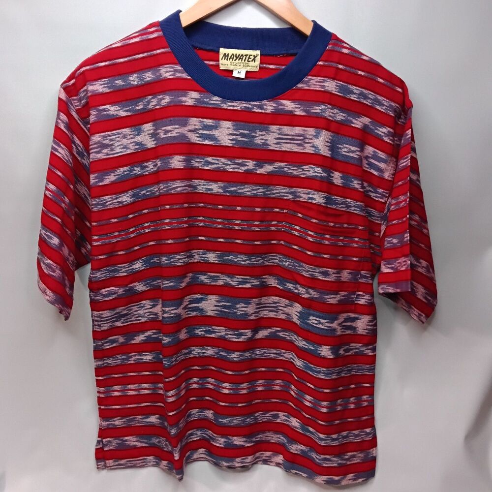 Mayatex Woven T-Shirt Men's Medium Red/Blue/Cream Breast Pocket Hand Made EUC